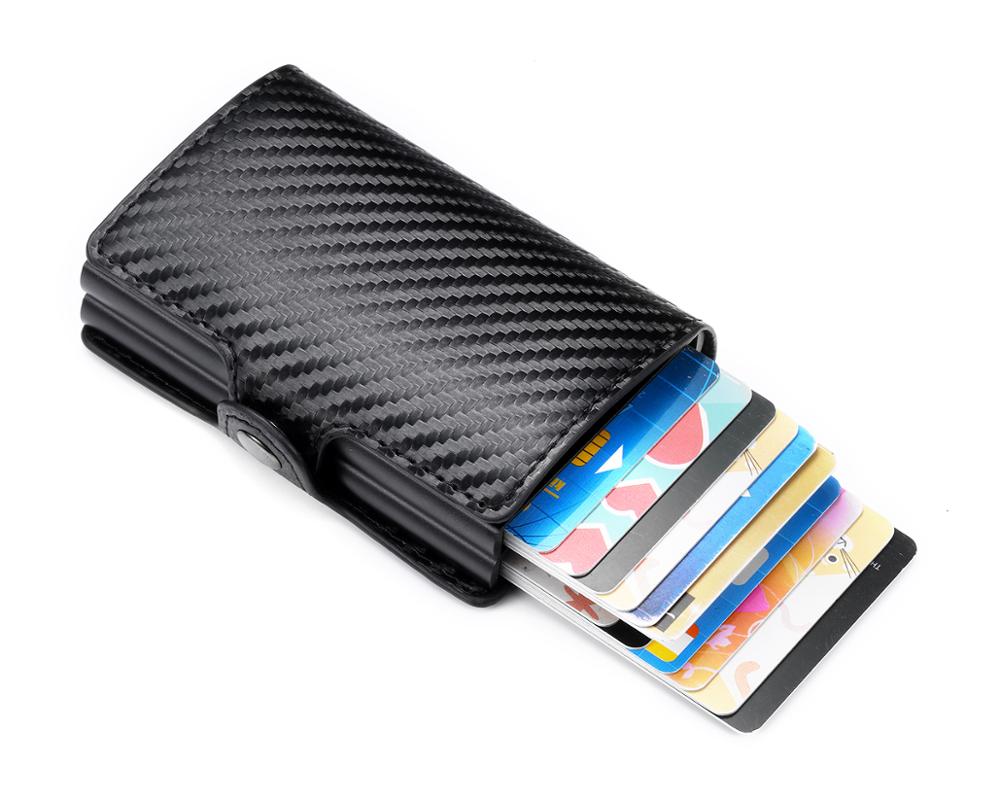 RFID Men's Leather ID Credit Card Holder Male Automatic Aluminum Alloy Hasp Business Double Layer Cardholder Wallet for Man: Black&Red