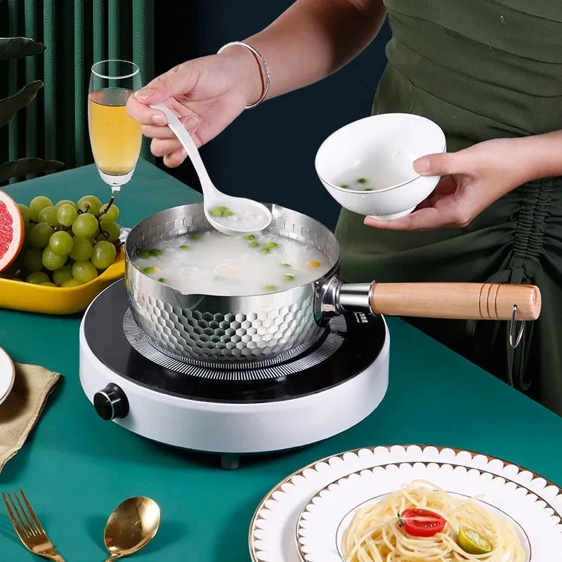 430 Stainless steel pan Japanese Snow Pan Wooden Handle Stew Pots Fry Wok Saucepan Milk Pot Kitchen Utensils Practical Cookware