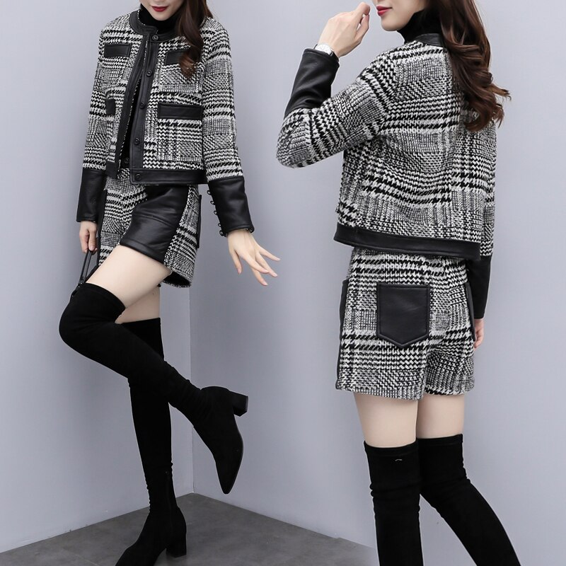 Houndstooth Two Piece Sets Outfits Women Plus Size Long Sleeve Tops And Shorts Suits Autumn Winter Ladies Sets