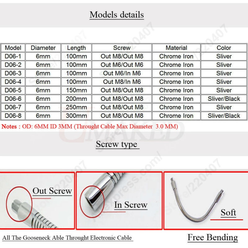 5 uds led cuello de cisne Dia 6MM manguera universal accesorios de iluminación led tubo suave de metal de hierro para lámpara de mesa lámpara de escritorio