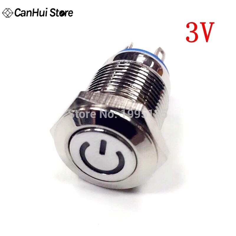 1pcs 3V LED 12mm Flat Head Power Supply Sign Light Reset switch Switch Waterproof Metal Button Switch Blue Light 5PIN Metal Swi