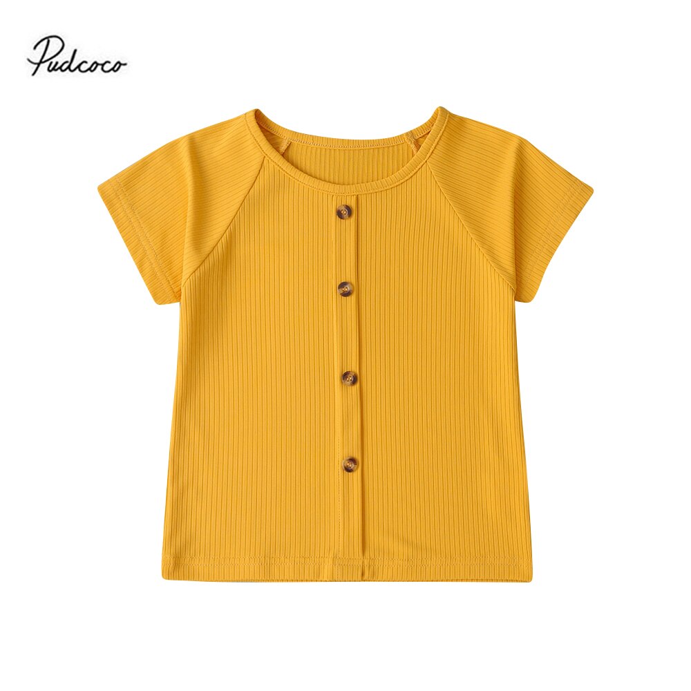 Del bambino Del bambino Delle Ragazze di colore Solido T-camicia Manica Corta A Costine Solido Bottoni arredamento Carino Camicetta Magliette E Camicette
