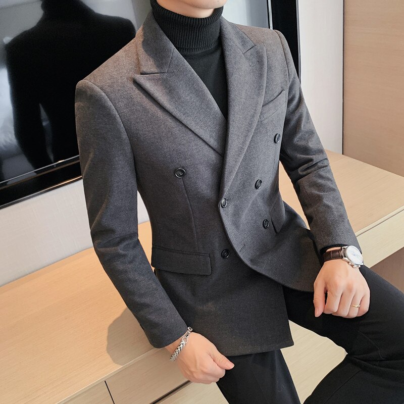 British Style Woolen Blazers Men Double Breasted Wedding Business Casual Suit Jacket Social Banquet Tuxedo Coat Costume Homme