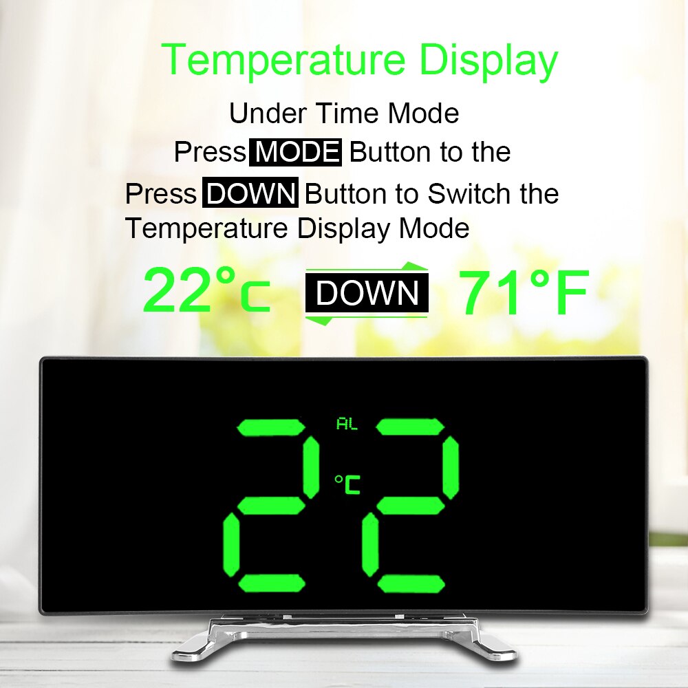 7 Inch Digital Table Clock LED Screen Large Number Alarm Clocks For Kids Bedroom Curved Dimmable Mirror Face