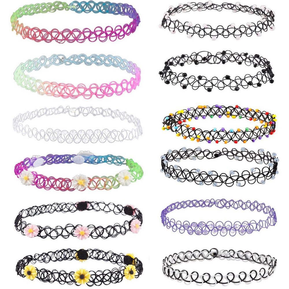 12Stck Jahrgang strecken Halsband Halskette Dame Mädchen Tätowierung Halsband Halskette Punk retro gotisch elastisch Anhänger Weihnachten Party Tragen: blume