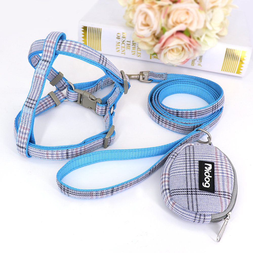 Ademend Nylon Dog Harness en Leash Set Plaid Kleine Medium Honden Harnas Huisdier Wandelen Lead Touw Met Snack Tas Voor pitbull Pug: Blue / M