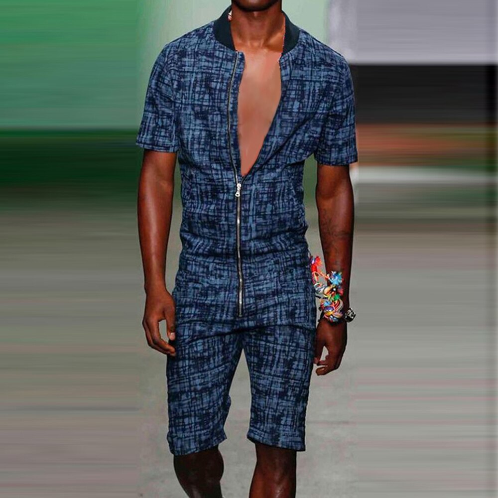 Mannen \ 'S Jumpsuit Zomer Kleding Een Stuk Rompertjes Rits Overalls Jumpsuits Half Broek Korte Mouwen Plaid Casual Rompertjes mannelijke: L / Blue