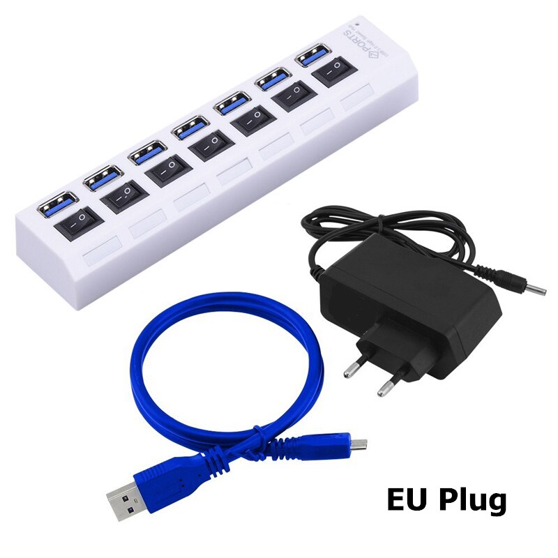USB 3.0 HUB 4 Port USB HUB USB Splitter Power Adapter with Individual Power Switches for Computer Laptop Accessories HUB USB 3.0: White and EU Adapter