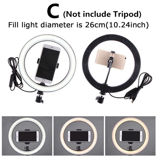 LED Beauty Ring Light Camera Photo Studio Phone Video Photography Dimmable Ring Lamp+Tripod for Selfie: Size C