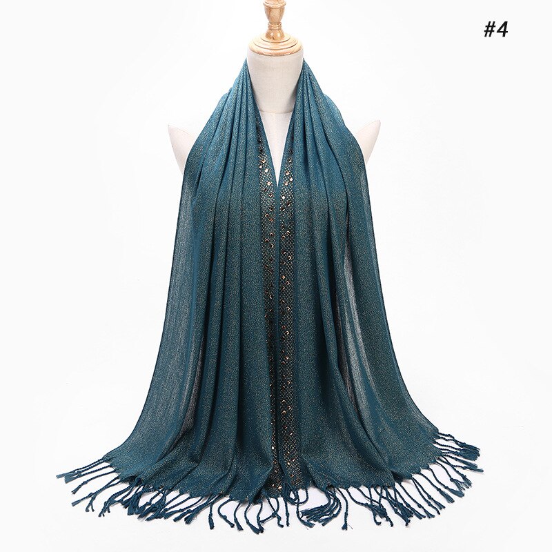 Enfärgad svart vit grön vanligt huvud hijab halsduk bandana dam diamant glitter lång viskos tofs fransar halsdukar: Cyan
