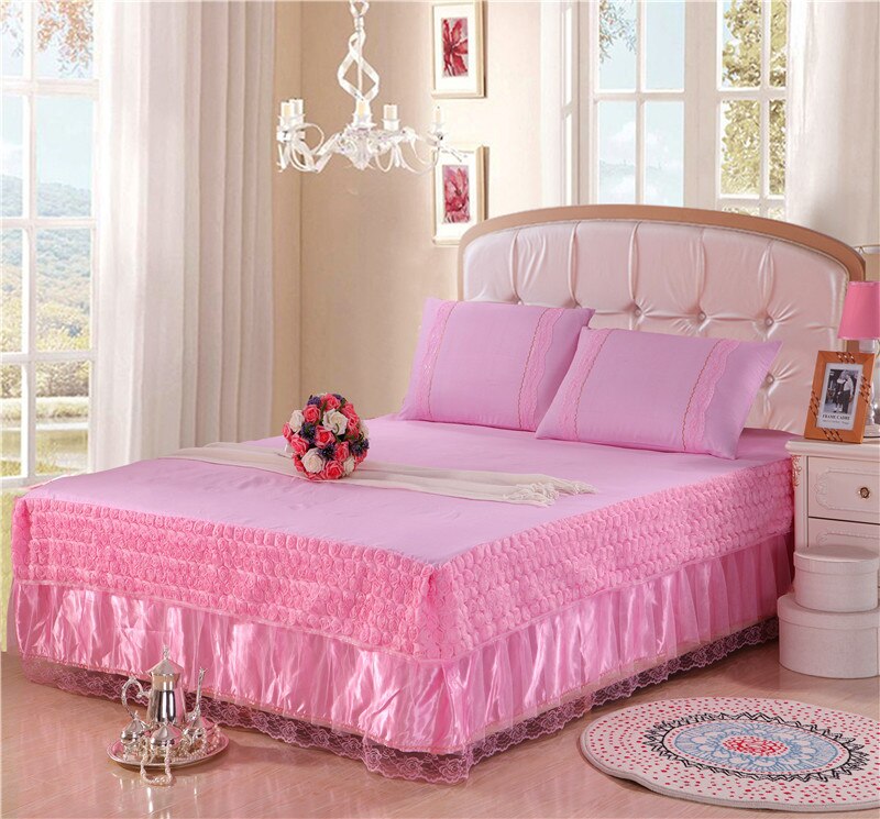 Couvre-lit matelassé en dentelle rose, jupe de lit, solide, taie d'oreiller, différentes tailles disponibles # sw: -QH-4-fen / 200x220cm 1pc
