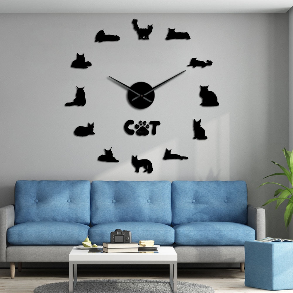 The Gentle Giant Maine Coon Wall Clock DIY Cat Silhouette Wall Art Stickers Decorative Large Wall Clock Contemporary Style Watch