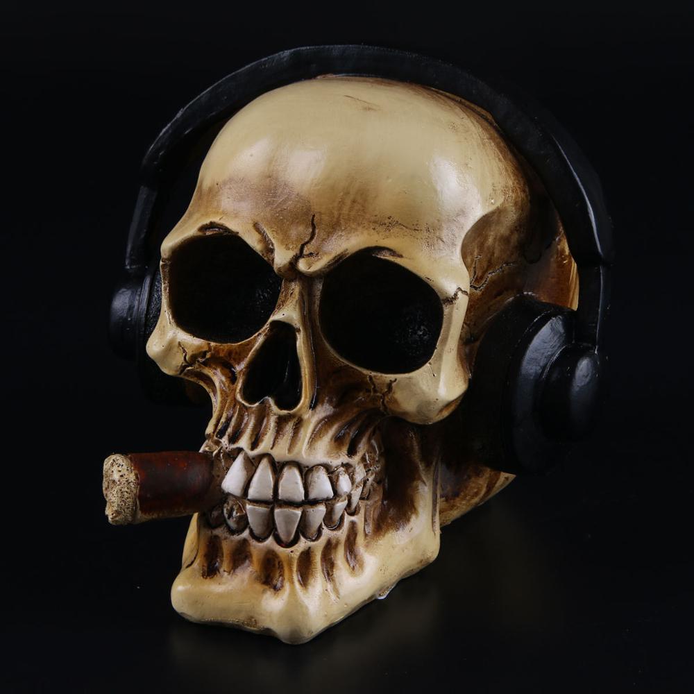 Vilead harpiks håndværk kranium hoved med hovedtelefoner kunst maleri film rekvisitter kranium ornament musik bar dekoration statuer skulpturer