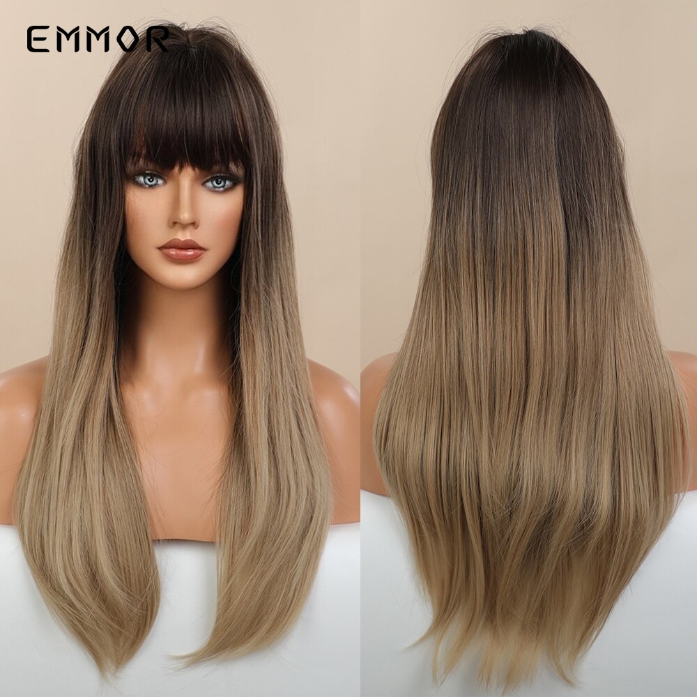 Emmor Synthetic Black Root Ombre Light Golden Blonde Straight Hair Wigs with Bangs High Temperature Cosplay Daily Wig for Women: EM6099