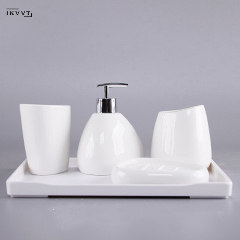 Keramik badeværelsestilbehør sæt sæbedispenser / tandbørsteholder / tumbler / sæbeskål bomuldspindel aromaterapi produkter til badeværelset: C fem-delt sæt