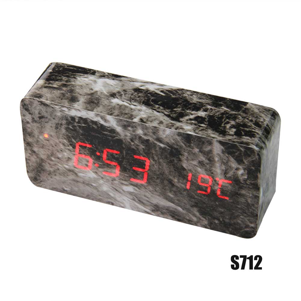 Marmer-zoals Hout LED Wekker Digitale Ultra-stille Bureau Wekker met Thermometer LKS99: Black marble red lig