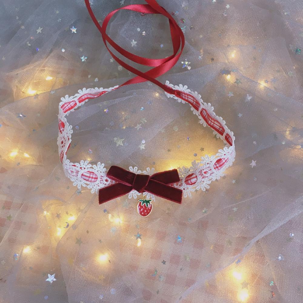 Dejlig lolita pige sød blonde sløjfe halskæde kvinder bånd kæde vedhæng krave halsbånd choker prinsesse håndlavet
