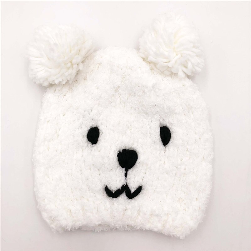 Lovely Bear Baby Hat Winter Warm Ear Protection Cartoon Children Hat Double Pompom Kids Girl Boy Beanie Cap: over 3Y white