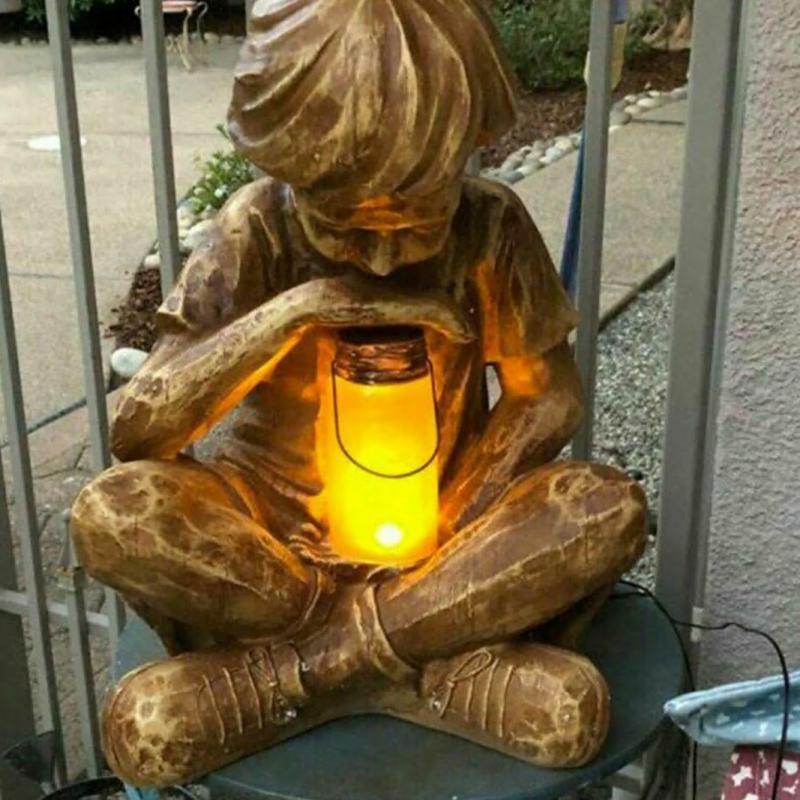 Garden Decor Resin Crafts Light Little Boy W/ Solar Lighted Fireflies In Jar Garden Carved Wood Look Resin Statue Prodigy Statue