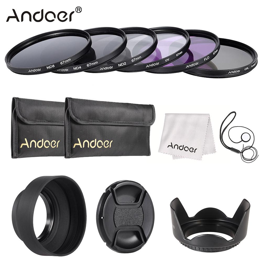 Andoer 67mm Lens Filter Kit UV+CPL+FLD+ND(ND2 ND4 ND8) with Lens Cap/Lens Cap Holder/Tulip & Rubber Lens Hoods / Cleaning Cloth