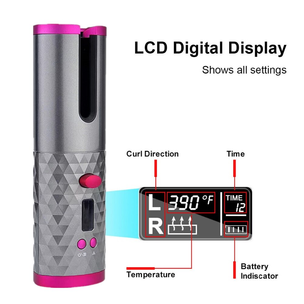 Draadloze automatische krultang, usb-oplaadbaar, krultang, krullen, golven, lcd-scherm, keramische krullen, roterende krultang