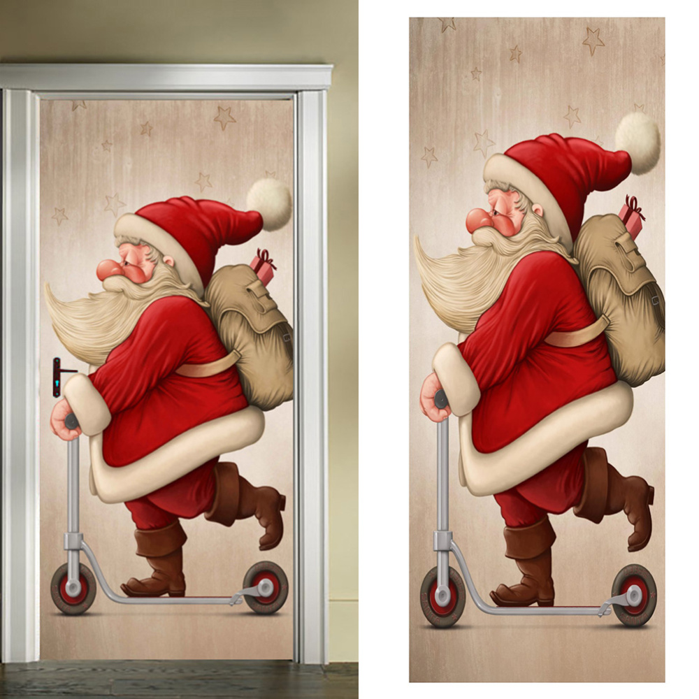 Santa Claus Christmas 3D Door Stickers Pvc Waterproof Art Renovation Waterproof Wallpaper Home Decor Print Picture for Bedroom: 77x200cm