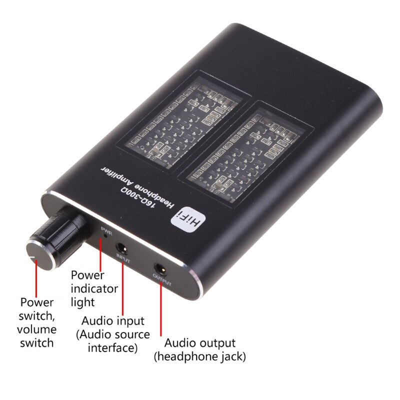 Mini hifi-systeem met 16-300 -kanaals hoofdtelefoonversterker van aluminium, 3.5mm aux-ingangen en -uitgangen en een lithiumbatterij van 1000 mah.