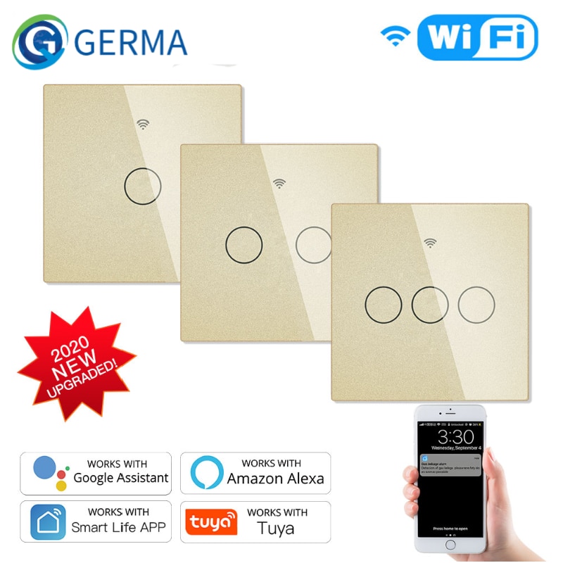 Verbeterde Wifi Smart RF433 Touch Schakelaar 2/3 Manier Smart Leven/Tuya App Controle, alexa Google Thuis Voice Control 1/2/3 Gang Goud