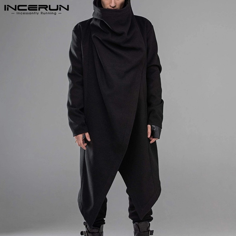 Incerun Mannen Mantel Jassen Coltrui Solid Lange Mouwen Streetwear Casual Mannen Cape Bovenkleding Punk Stijl Onregelmatige Zoom Jassen S-5XL