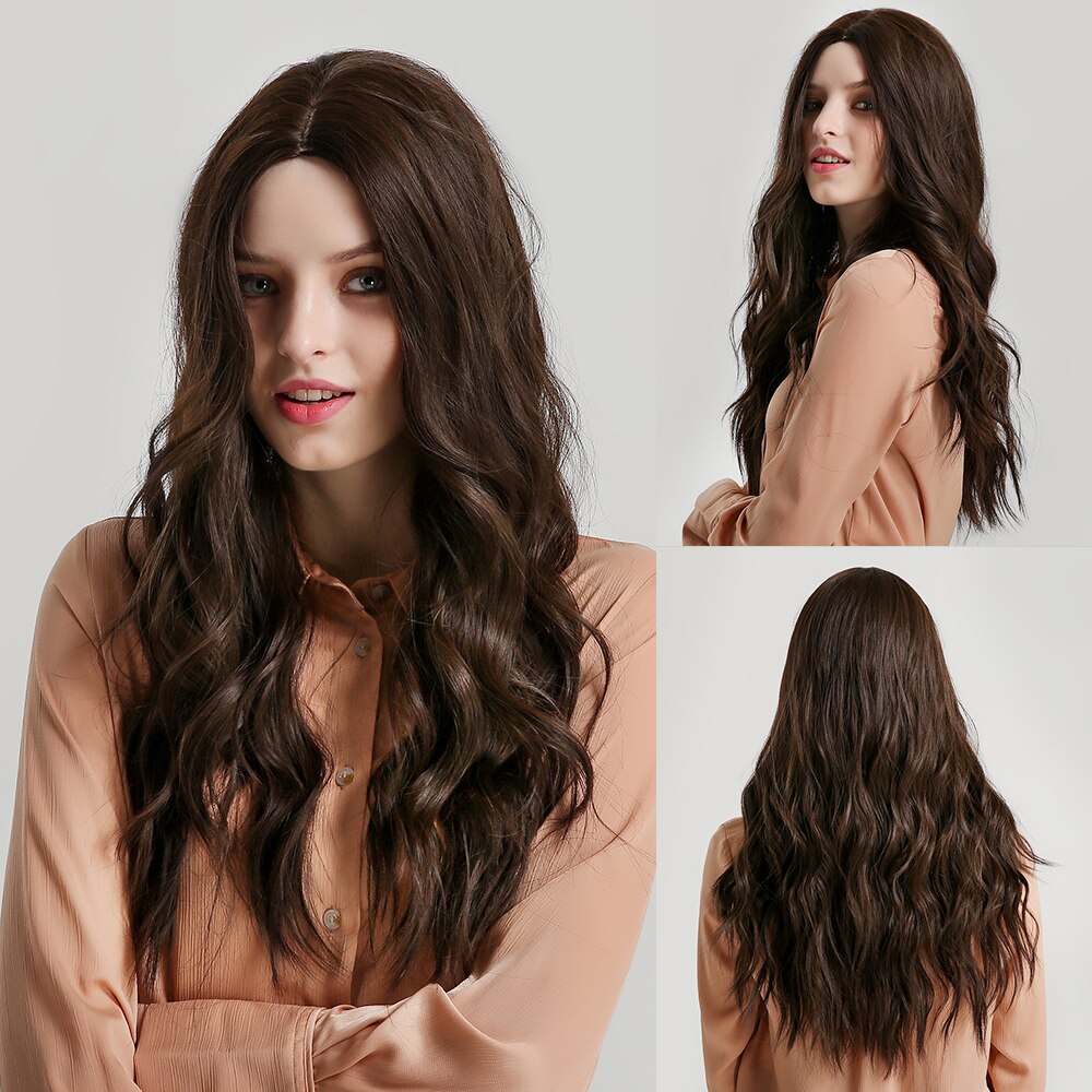 JONRENAU Synthetic Dark Brown Long Wavy Hair Wigs with Side Bangs Heat Resistant Fiber Wigs for White Black Women: lc179-1