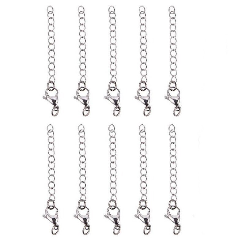 10pcs Stainless Steel Necklace Bracelet Extender Chain Set with Lobster Claw Clasps Length 2 Inch for Jewelry Making