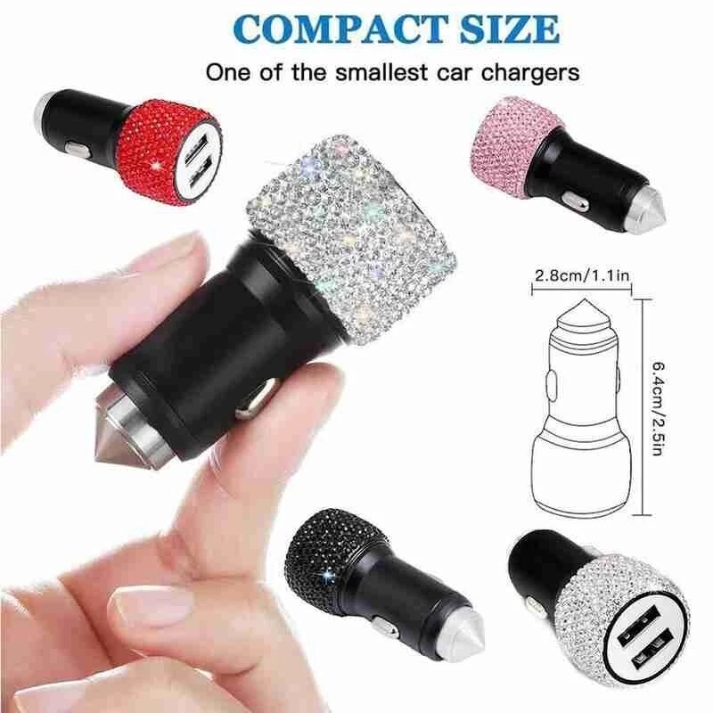 Dual USB Port Fast Charging Car Charger Safety Hammer To Help Break Windows In Emergencies With Bling Rhinestones Crystal