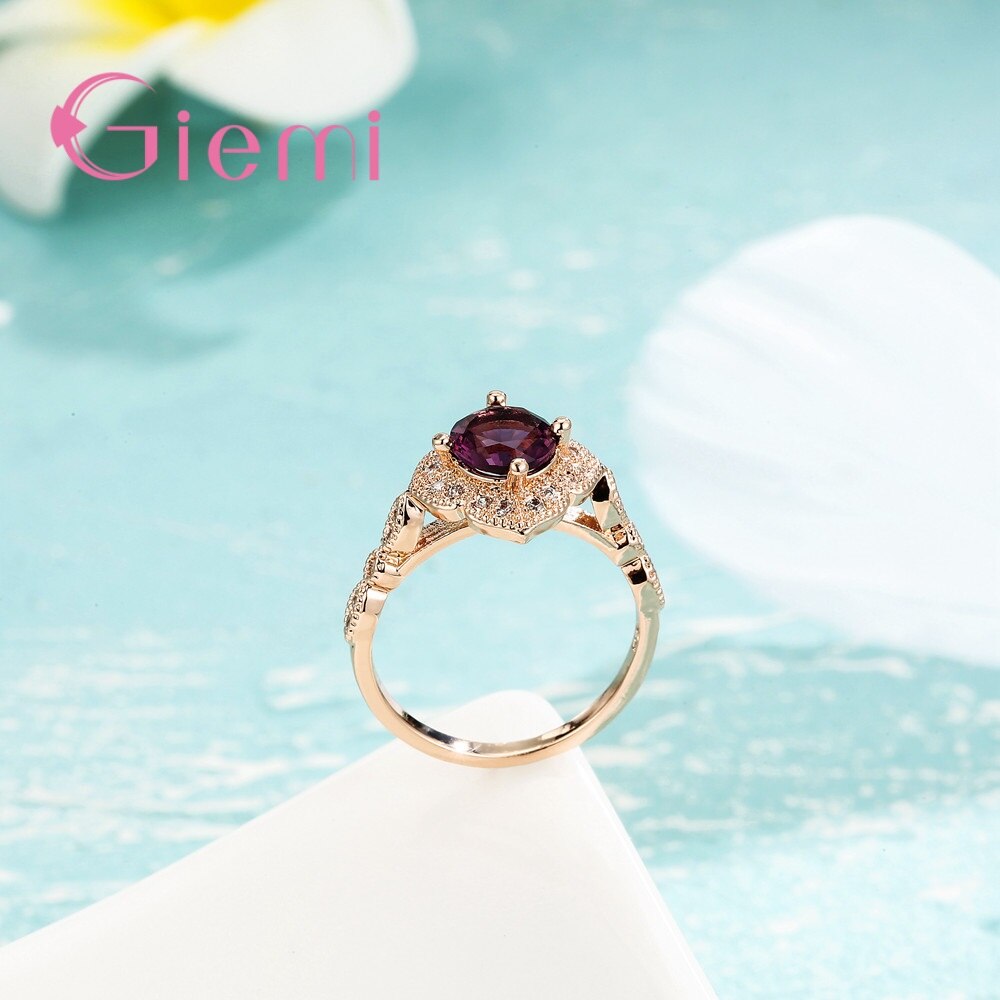 Pretty Flower Claw Setting Round Zircon Shiny Micro Rhinstone For Sweet Woman Girls Wedding Rose Gold Rings