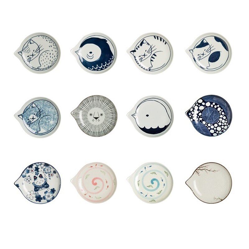 Assiettes en forme de larme en céramique de Style japonais ensembles de vaisselle de fruits dessin animé mignon motif de chat chanceux