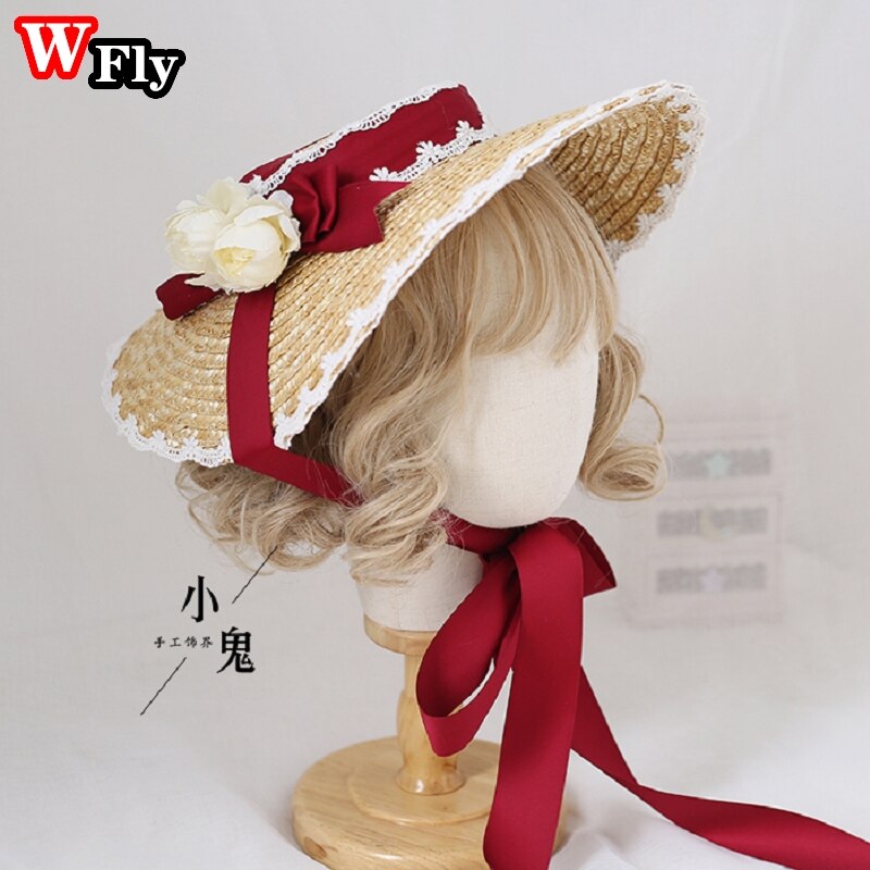 Chapeau de soleil en paille pour femmes et filles, japonais, Lolita, fait à la main, ruban de fleurs en dentelle, nœud papillon à large bord, chapeaux de paille élégants: style 6