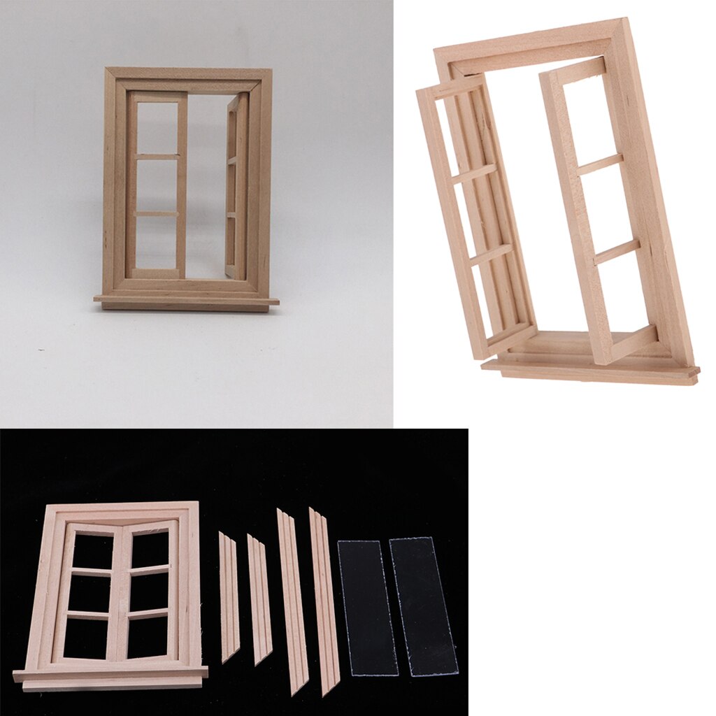 3 stuks 1/12 poppenhuis miniatuur ongeverfd hout 6 ruiten dubbel raamkozijn
