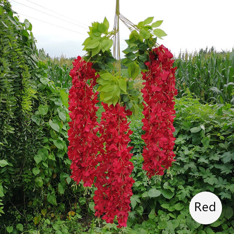 Artificial wisteria flower vine ceiling DIY wedding arch rattan bean flower string bunch party home Christmas flower wall decor: Red  B