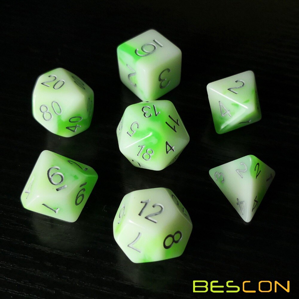 Bescon Gloeiende Polyhedral Rpg Dobbelstenen Set Lichtgevende Jade, Bescon Glow In Dark Poly Dobbelstenen Set Van 7, dnd Rol Playing Game Dobbelstenen
