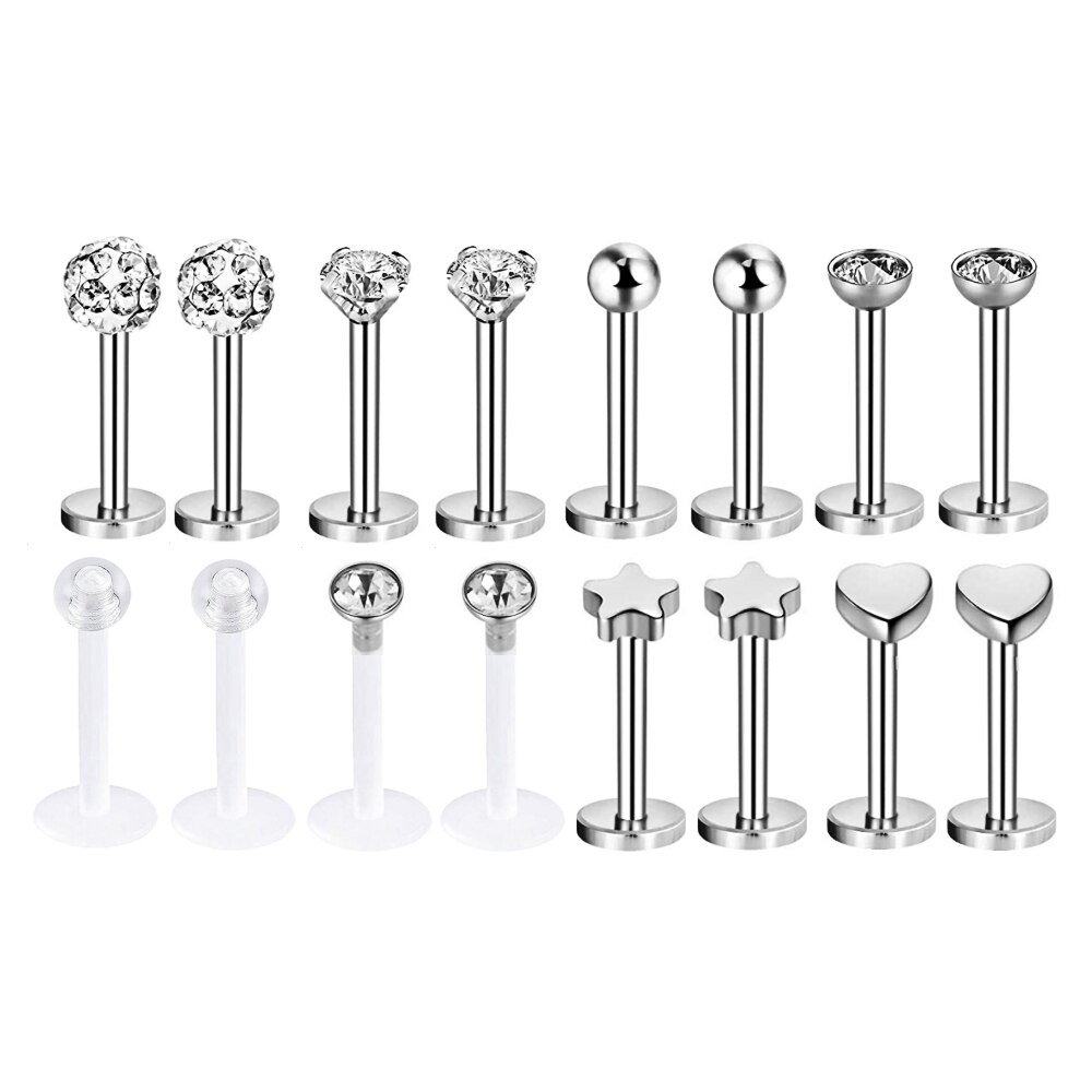 12~16Pcs/Lot Stainless Steel Lip Labret Piercing Studs Set Lengua Monroe Barbell Lip Ring Tragus Cartilage Conch Ear Piercing: CDTZ001SR 16Pcs