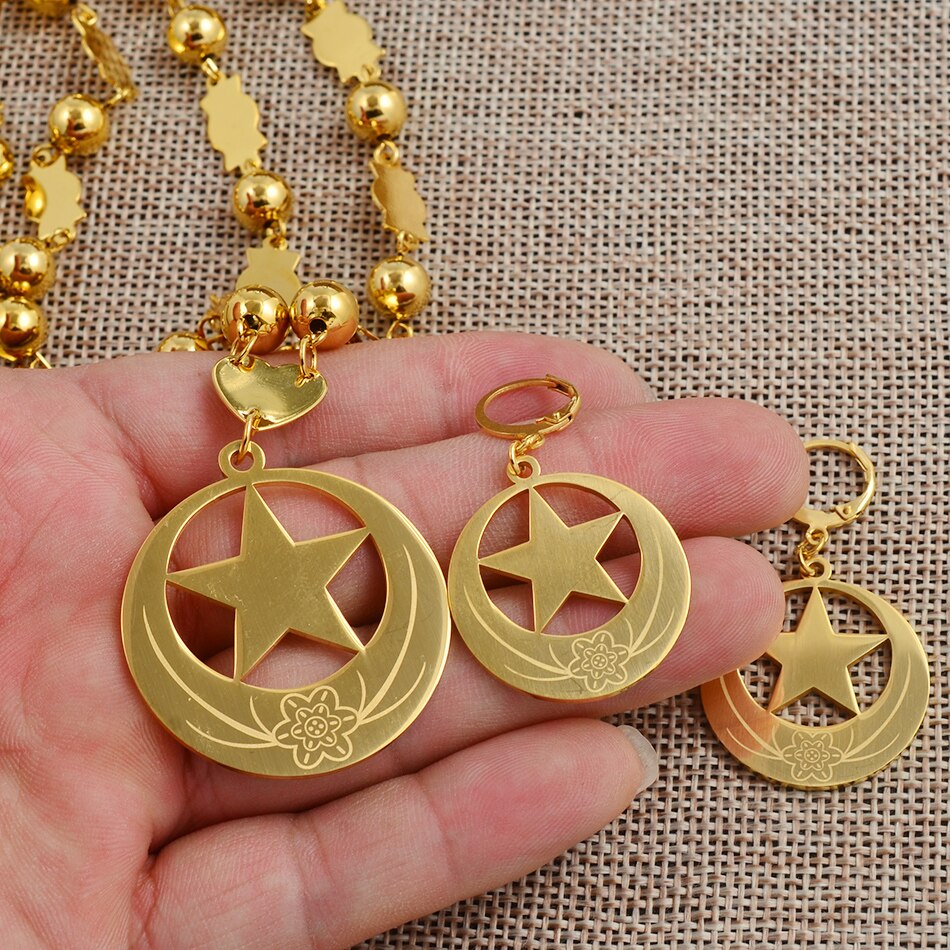 Anniyo Star and Flower Big Size Jewelry sets Bead Necklace Earrings Womens Gold Color Micronesia Guam Hawaii Marshalls #076721