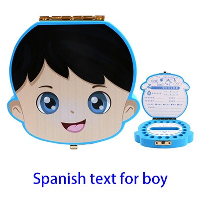 Dejlig pige / dreng træ baby tænder boks engelsk / spansk mælketænder navlestreng arrangør opbevaring drenge piger souvenir sag baby: Spansk dreng