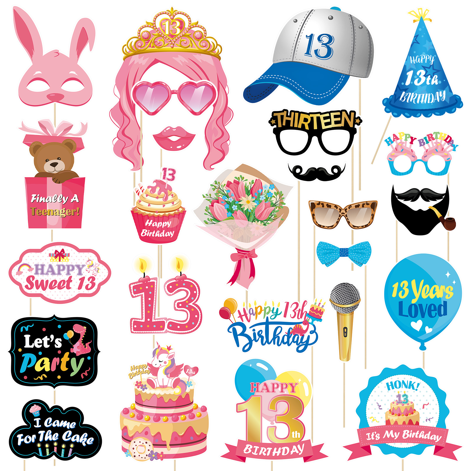 Abaodam 25pcs 13th Birthday Photo Booth Props Already Assembled with Wooden Stick Photo Props Selfie Props Birthday Party