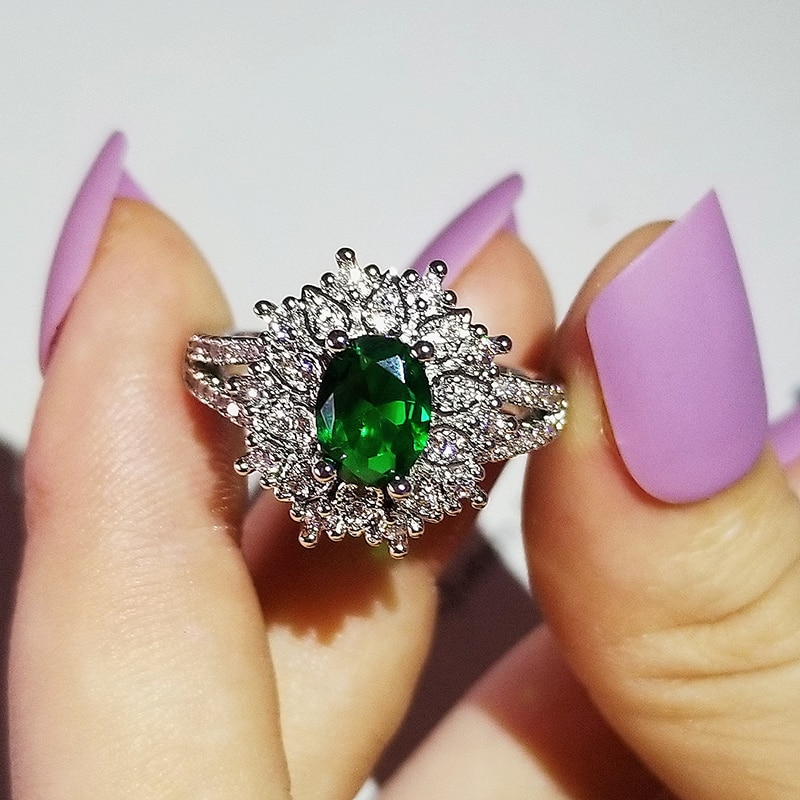 2022 Luxe Groene Kleur Bloemen Zilveren Kleur Engagement Ring Voor Vrouwen Anniversary Sieraden Bague Femme R5723