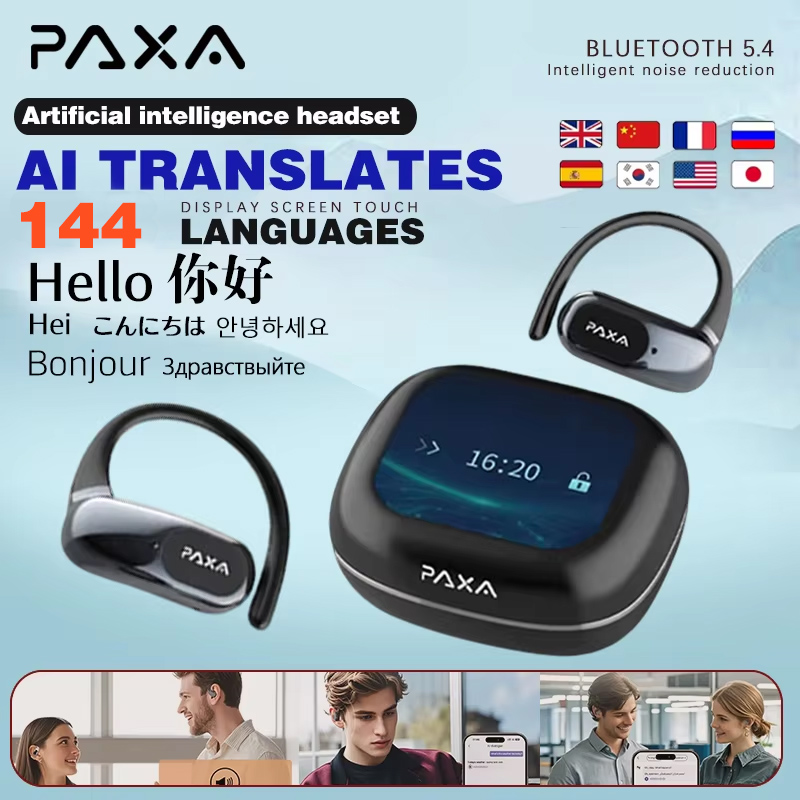 PAXA Upgraded AI Real-time Translation 3in1 Wireless Bluetooth 5.4 Earphones Translate 144 languages ENC Denoise Headphones