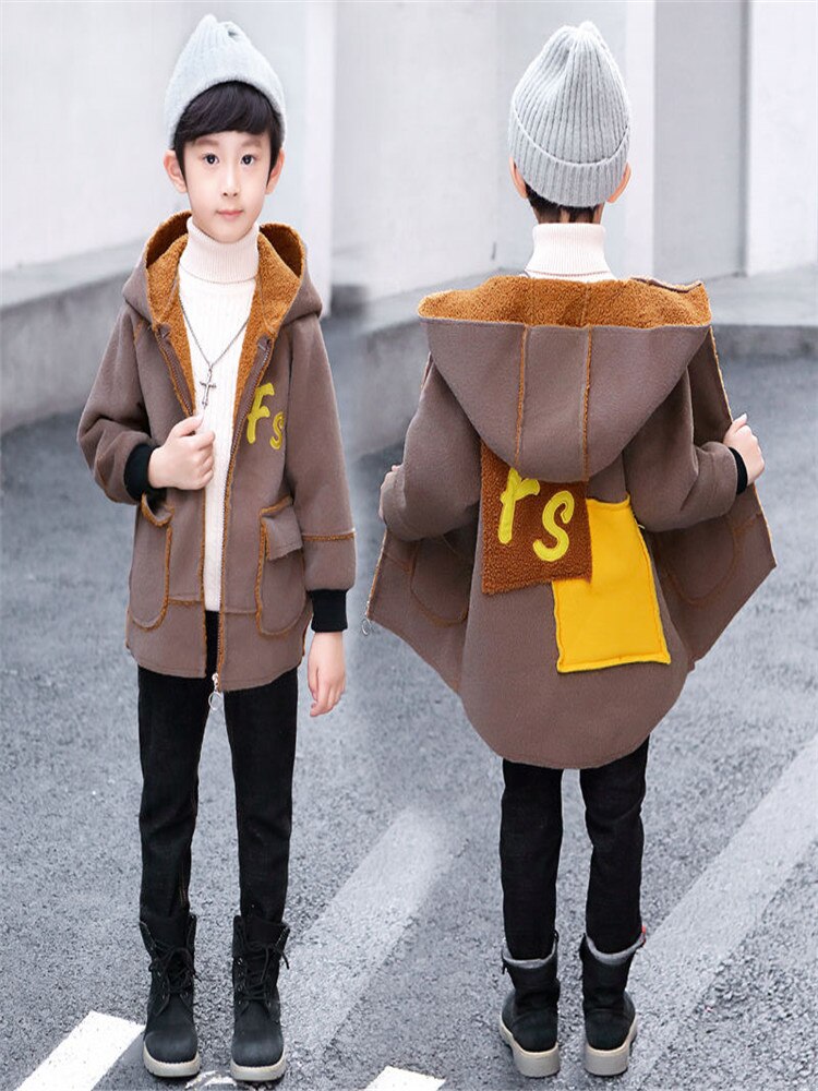 Jongens Wollen Jas En Najaar Plus Fluwelen Verdikking Kinderen Wollen Jas Kinderen Buitenlandse Stijl Grote jongen Trend: Bruin / 12