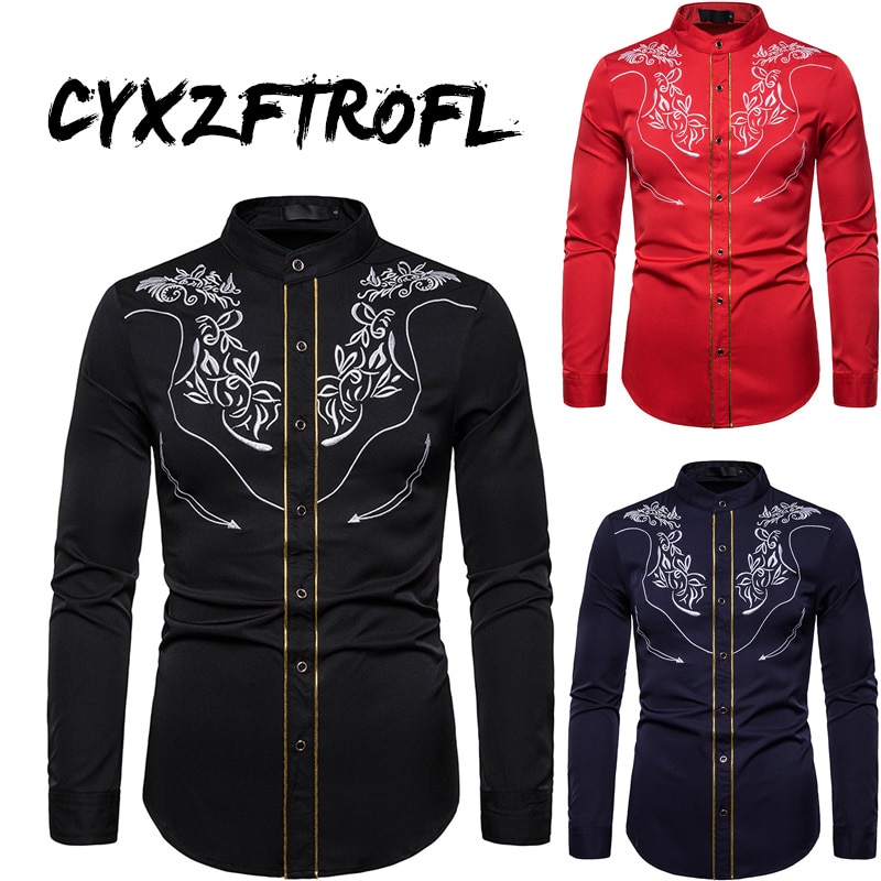 CYXZFTROFL Men's Western Cowboy Embroidered Shirt Casual Henry collar Button Down Shirts Slim Fit Long Sleeve Shirt