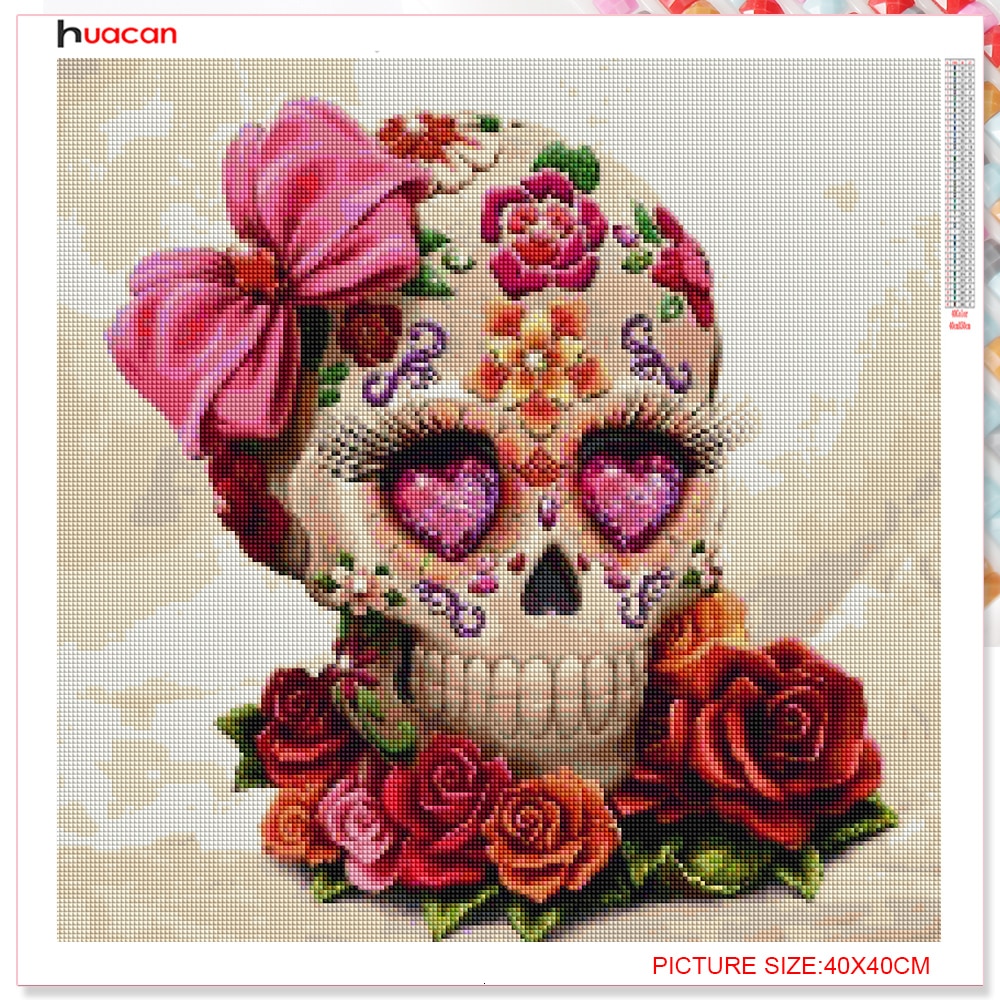 Cuadro de diamantes con de flor de punto de cruz de Huacan, cuadro completo de diamantes de imitación, bordado de Calavera, mosaico para manualidades de decoración