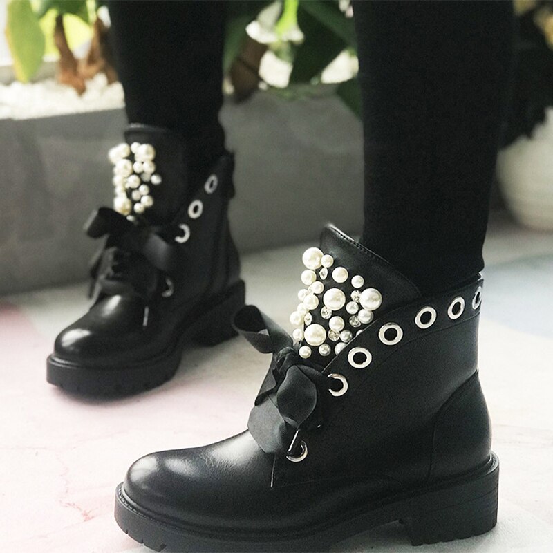 Botines con cordones de perlas para mujer, tacones medios de cuero PU de gran tamaño para mujer, calzado de plataforma para mujer, zapatos casuales de costura para mujer