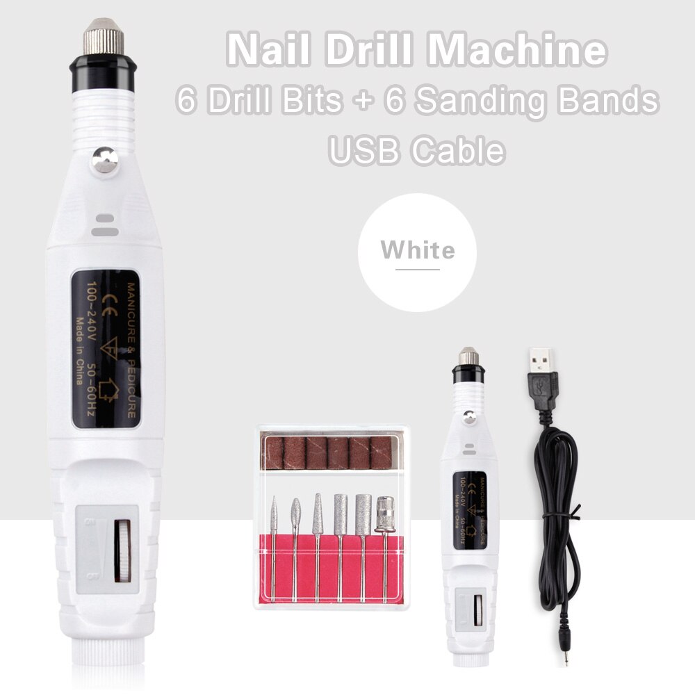Electric Nail Drill Set Manicure Machine Pedicure Tool 6 Bits Sanding Buffer Apparatus Strong File Pen USB Charging: USB White