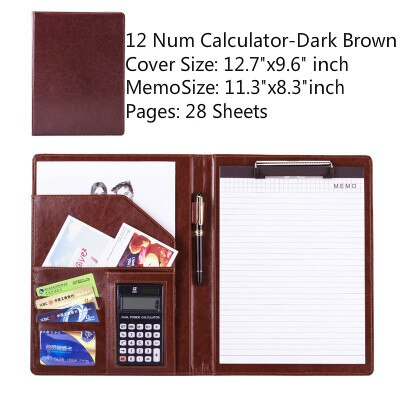 Étui de rangement A4 en cuir PU Business Padfolio, classeur Vintage Business Manager, dossier de bureau avec calculatrice: 12 Num Dark Brown C